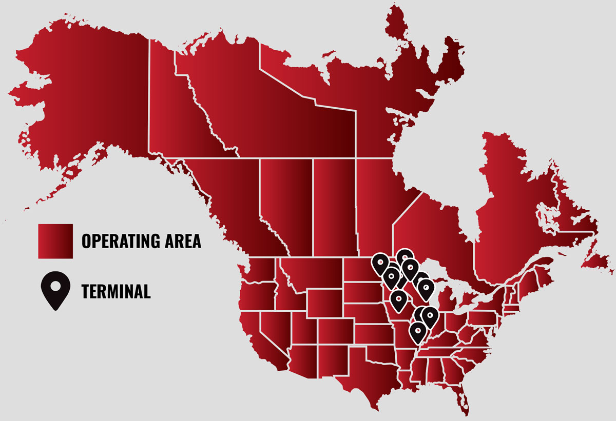 Wayne Transports Centralia trucking company service and terminal area map includes entire 48 states nationwide, Alaska and Canada