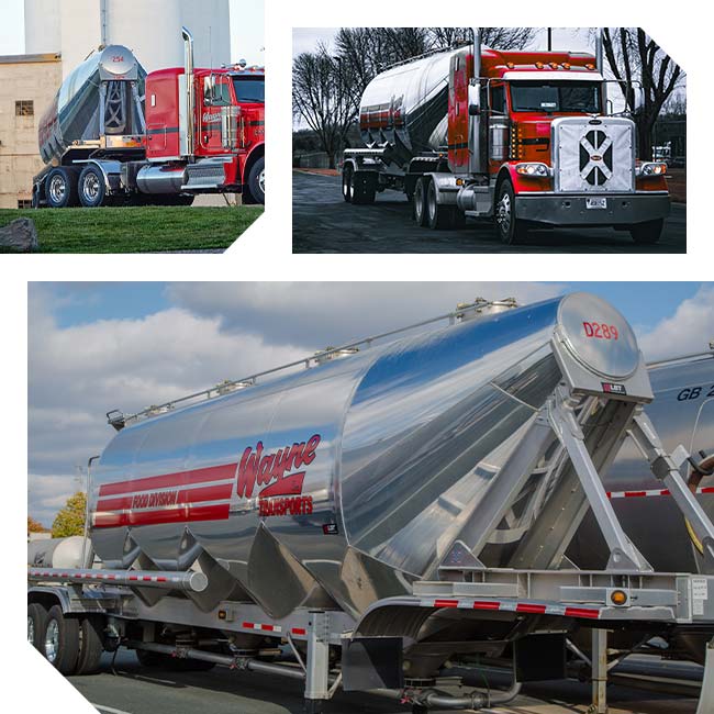 Dry bulk hopper freight hauling logistics semi trucks and trailers of the Wayne Transports trucking company