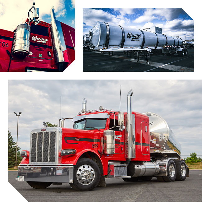 Chemical freight hauling logistics semi trucks and trailers of the Wayne Transports trucking company